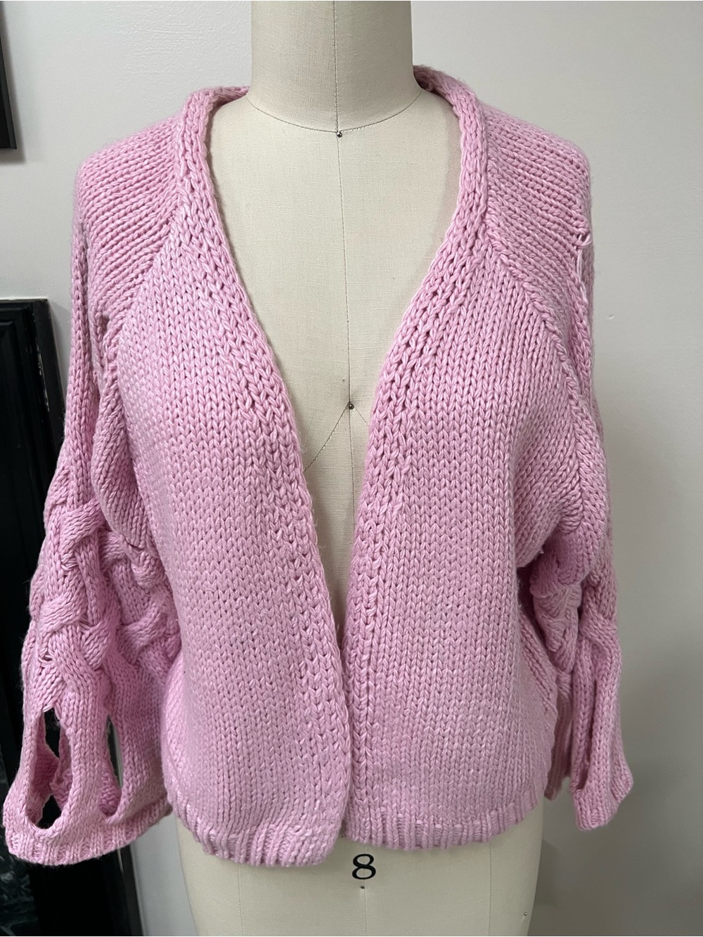 Anthropologie Cold Shoulder Braided Cable Knit Cardigan in pink